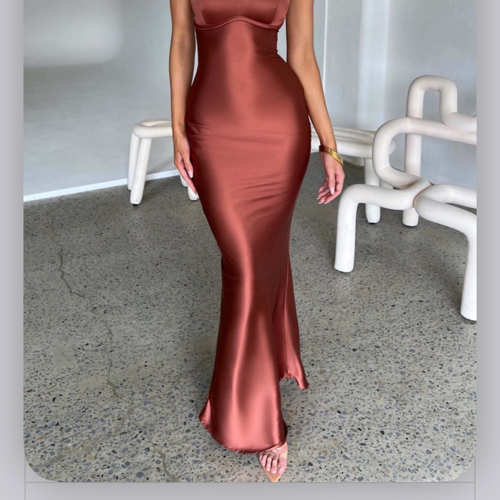Elegant Copper Satin Maxi Dress